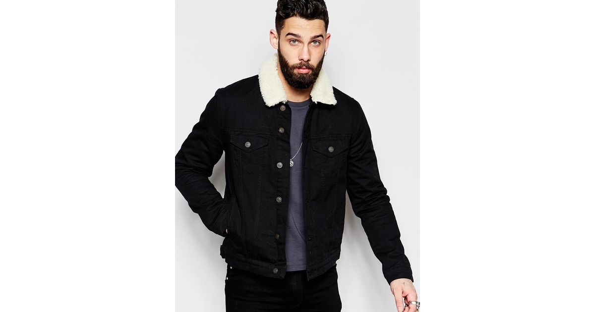 mens black denim jacket with borg collar