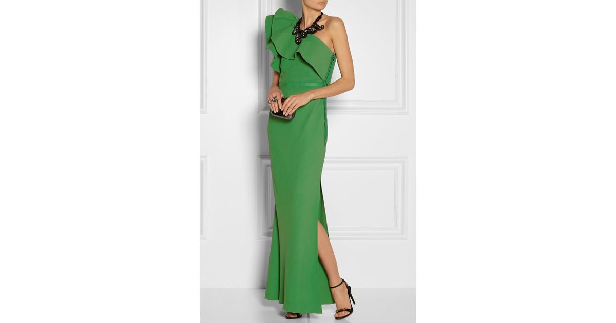 Lanvin One Shoulder Ruffled Crepe Gown in Green | Lyst