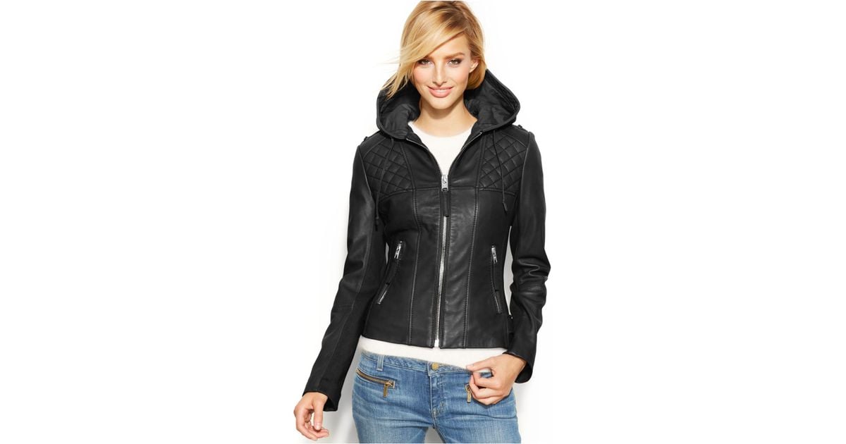 Womens Petite Black Leather Hooded Jacket