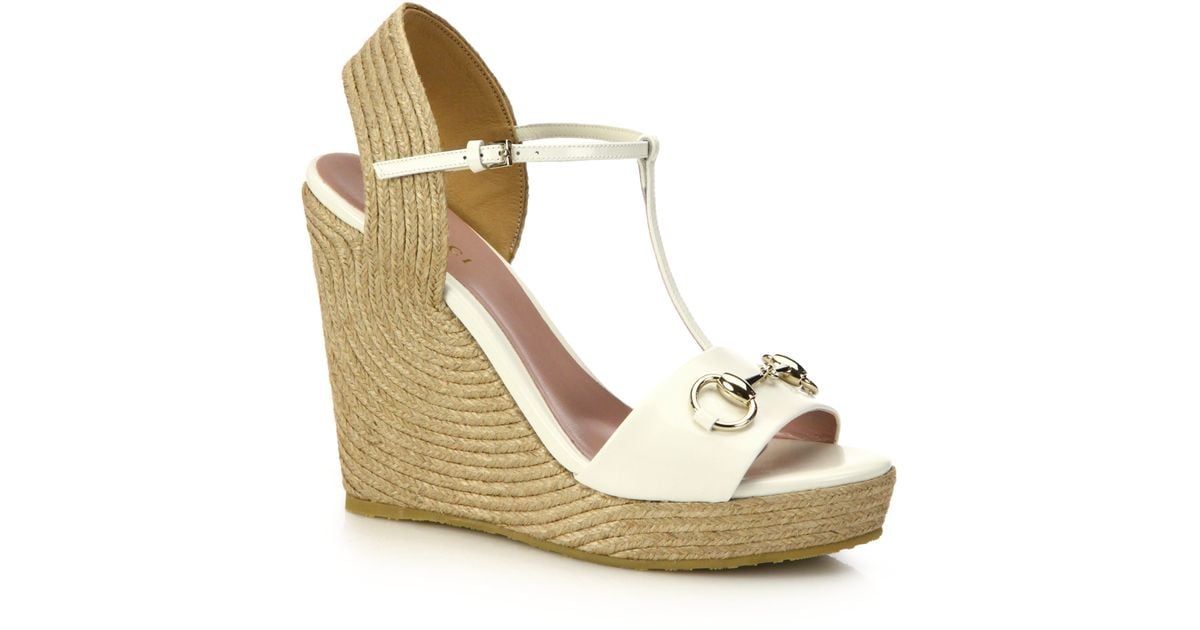 Gucci Patent Leather Horsebit Espadrille Wedge Sandals in White