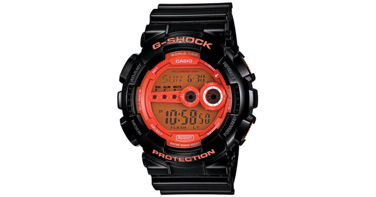 orange and black g shock watch