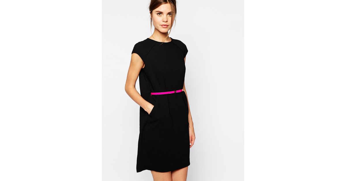 black dress with pink belt