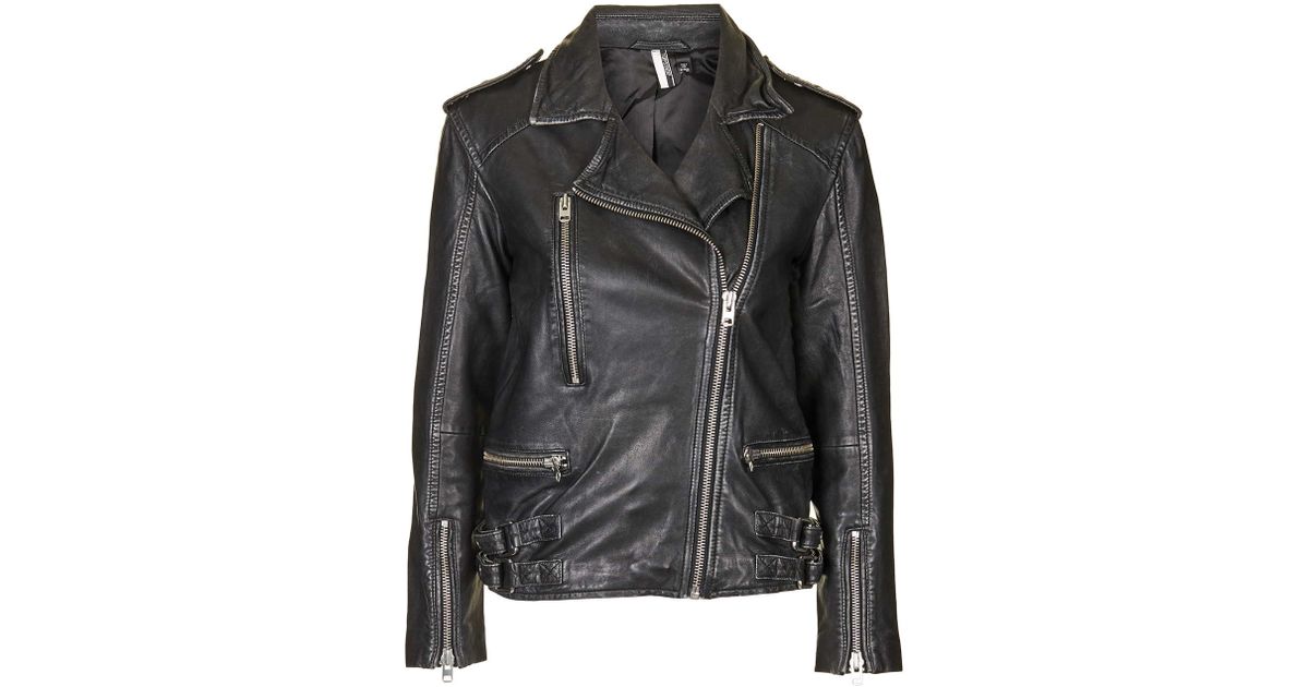 Top Distressed Leather Biker Jacket In Black Lyst