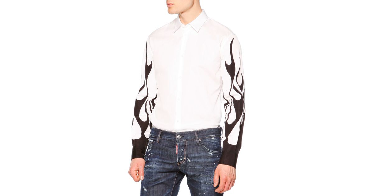 Dsquared Cotton Long Sleeve Shirt With Flame Detail In White For - bape camo big ape head tee x black bomber jacket roblox