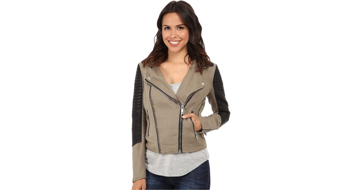 Blank Green Two Tone Fabric W Vegan Leather Moto Jacket