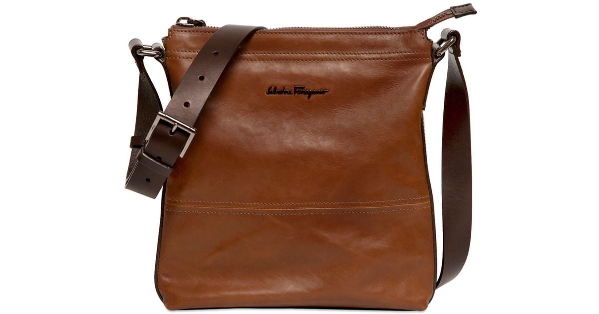 Ferragamo Brown Washed Calf Leather Crossbody Bag For Men Ferragamo Brown Washed Calf Leather Crossbody Bag For Men
