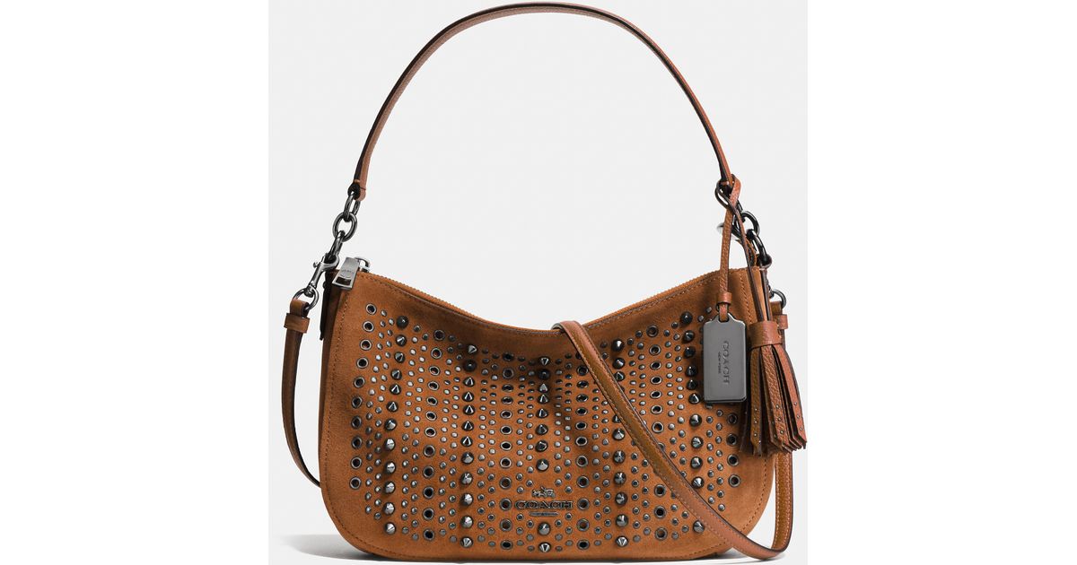 COACH All Over Studs And Grommets Chelsea Crossbody In Suede in Black