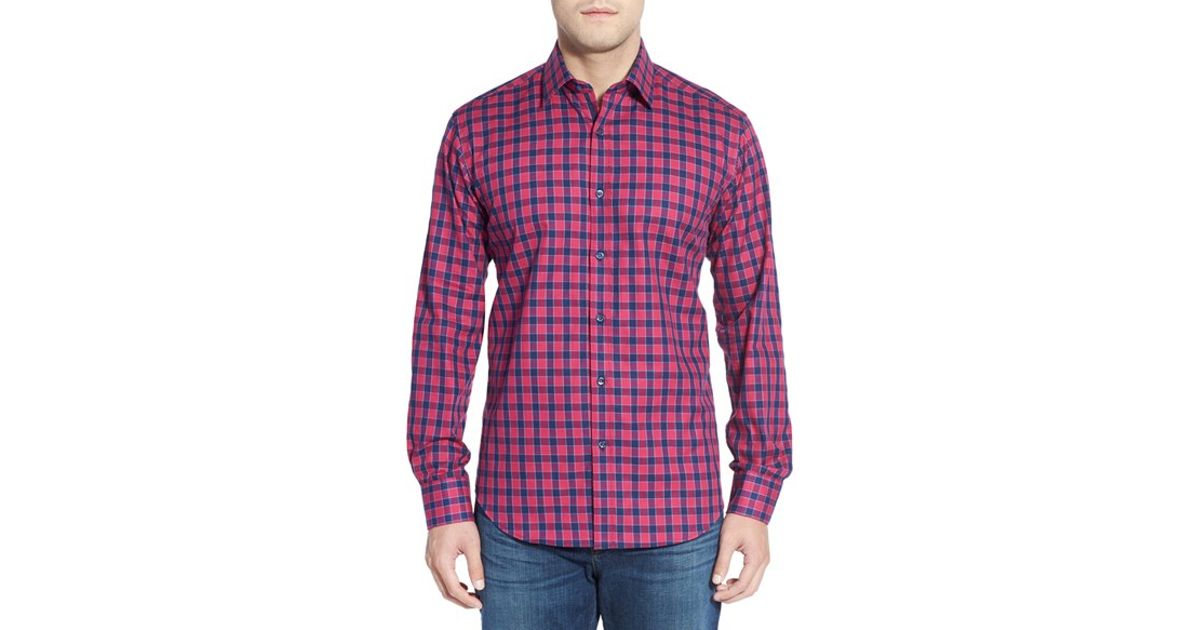 BUGATCHI Shaped Fit Long Sleeve Check Sport Shirt Blue Black Red White NWT