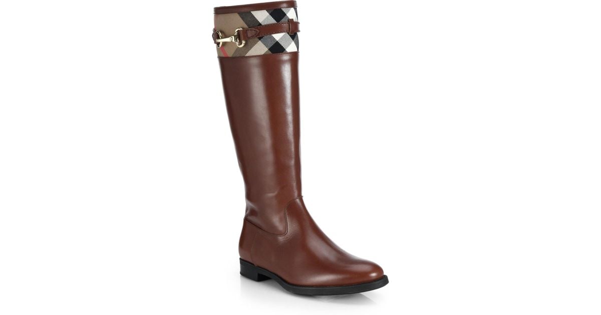 Burberry Dougal Leather & Check Canvas KneeHigh Boots in Dark Tan (Brown) Lyst