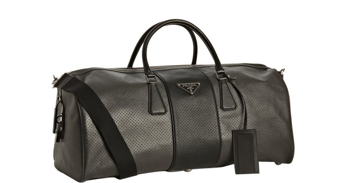 Prada Anthracite Perforated Saffiano Stripe Duffel Bag in Gray ...  