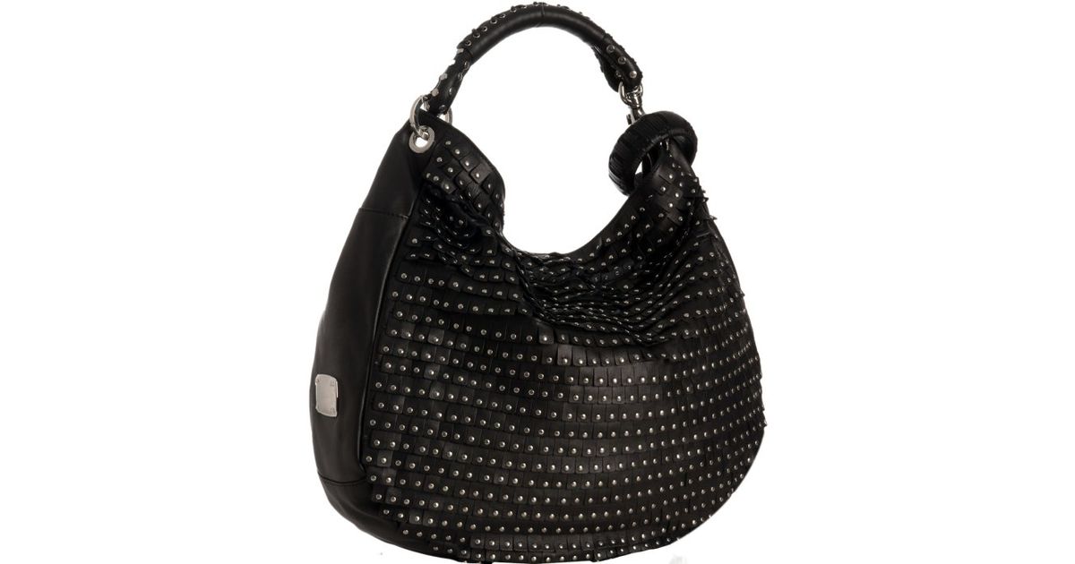 Lyst Jimmy Choo Black Leather Sky Studded Fringe Hobo In