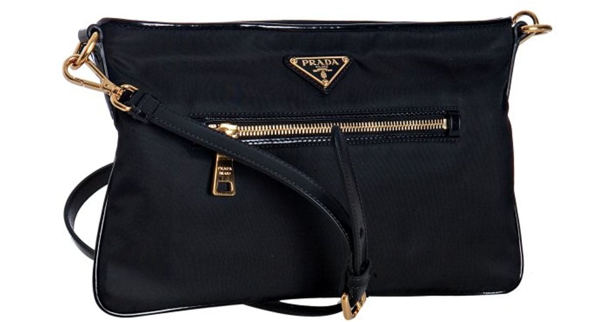 Prada Black Nylon Leather Trim Flat Shoulder Bag in Black | Lyst  