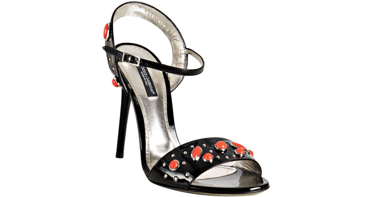 Lyst - Dolce & Gabbana Black Patent Leather Stone Detail Sandals in Black