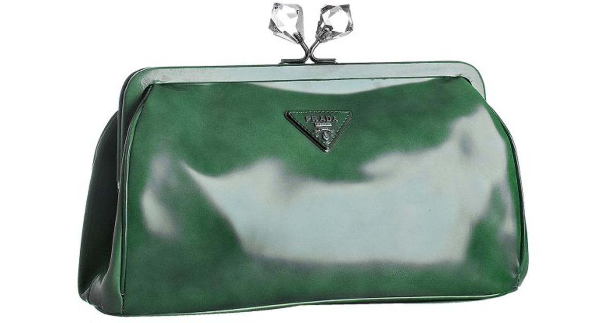 Prada Green Spazzolato Distressed Leather Crystal Kisslock Clutch ...