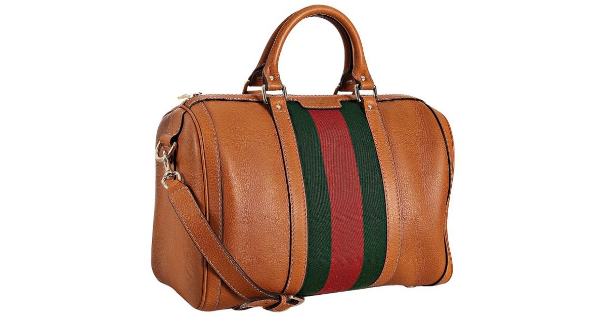 Lyst Gucci Leather Vintage Web Boston Bag In Brown