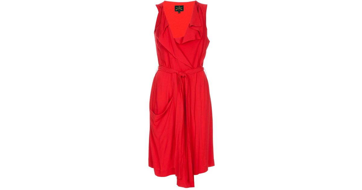 red sleeveless wrap dress