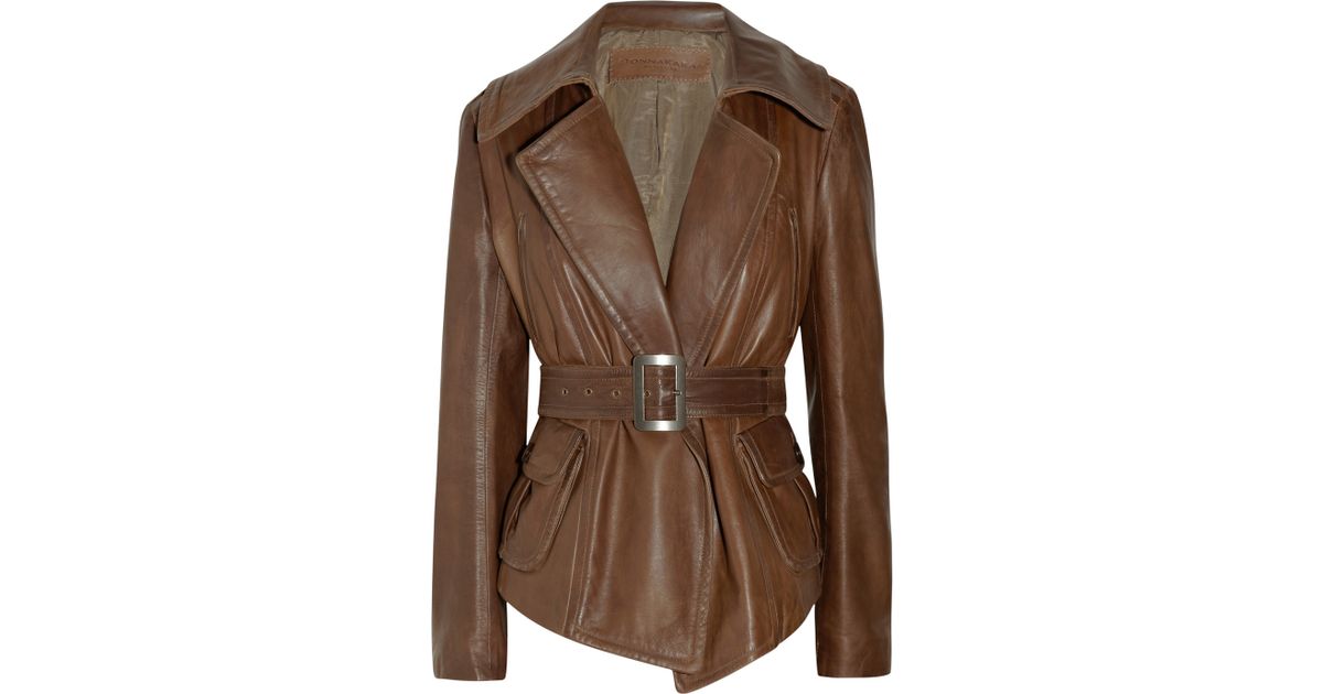 Donna Karan Brown Belted Leather Jacket Lyst