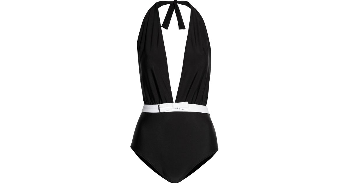 Miu miu Bow-embellished Halterneck Swimsuit in Black | Lyst