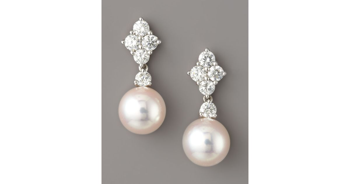 Lyst Mikimoto Diamond Pearl Drop Earrings In Metallic
