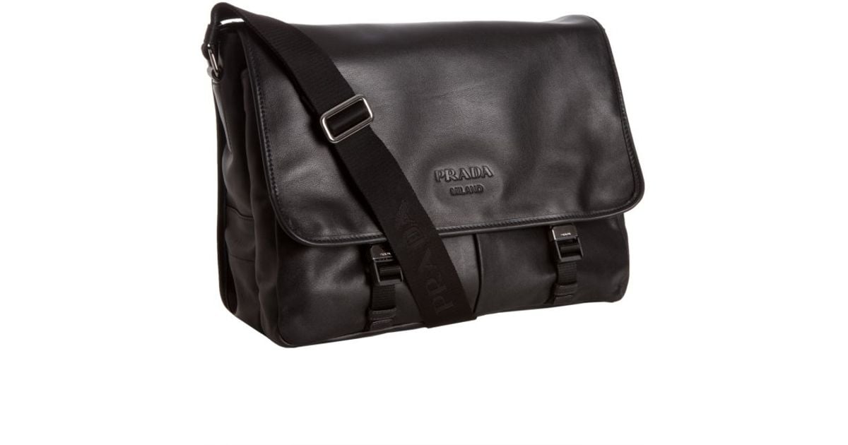Prada Black Leather Logo Messenger Bag in Black for Men | Lyst  