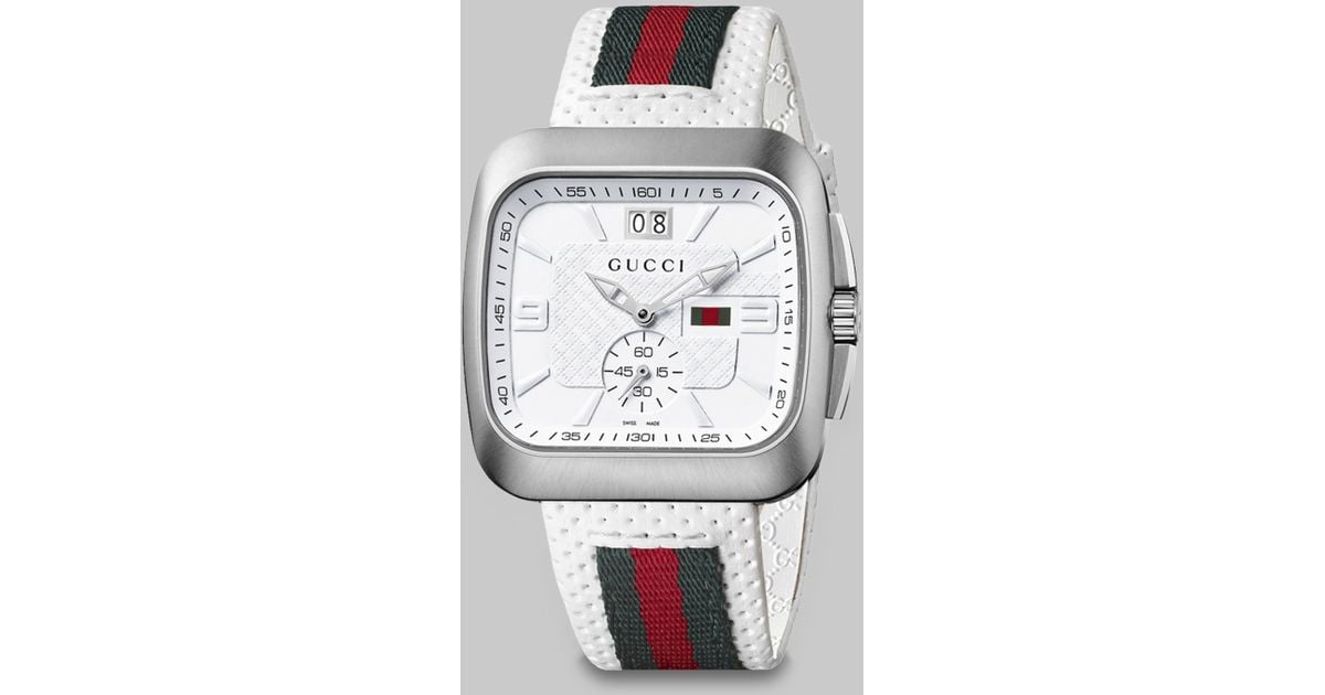Gucci Square Web & Leather Strap Watch in White | Lyst