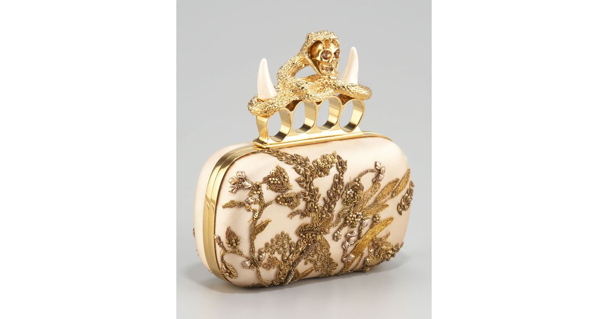Alexander McQueen Embroidered Satin Clutch in Metallic - Lyst