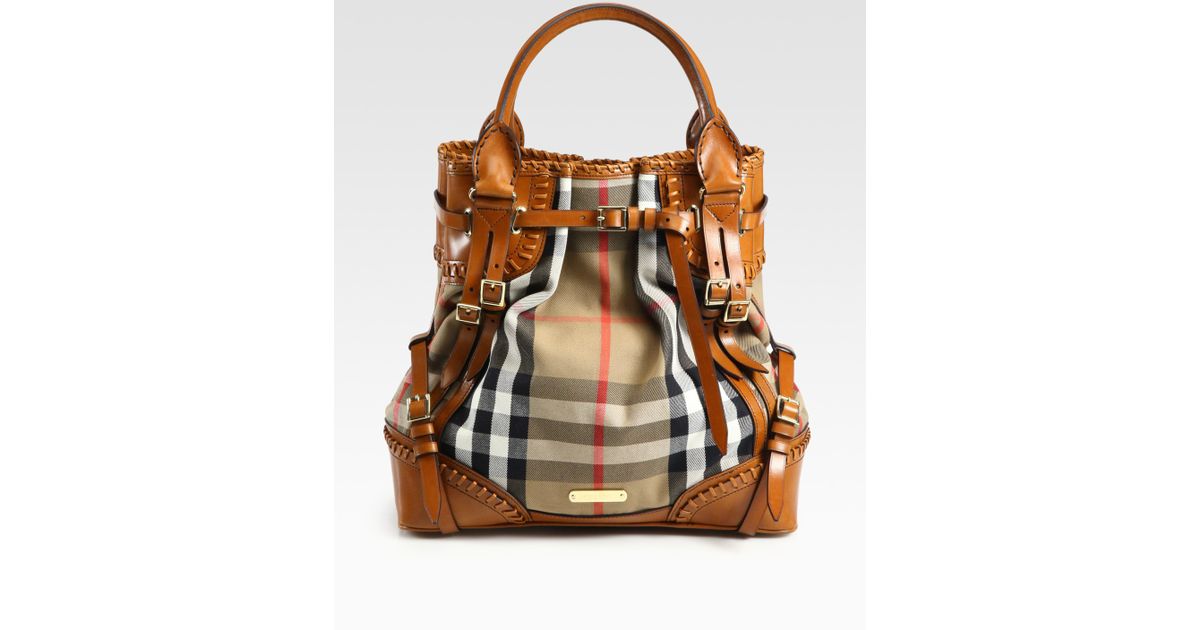 Burberry Prorsum Brown Whipsch Leather Check Canvas Tote Bag