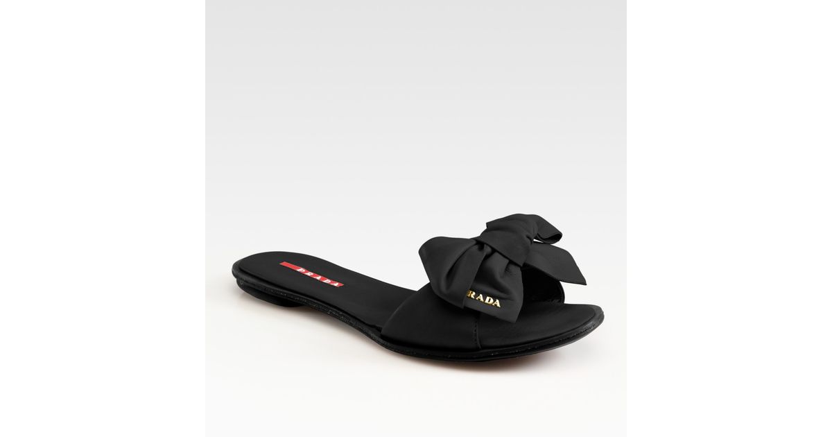 Prada Leather Bow Flat Slides in Black (Brown) - Lyst