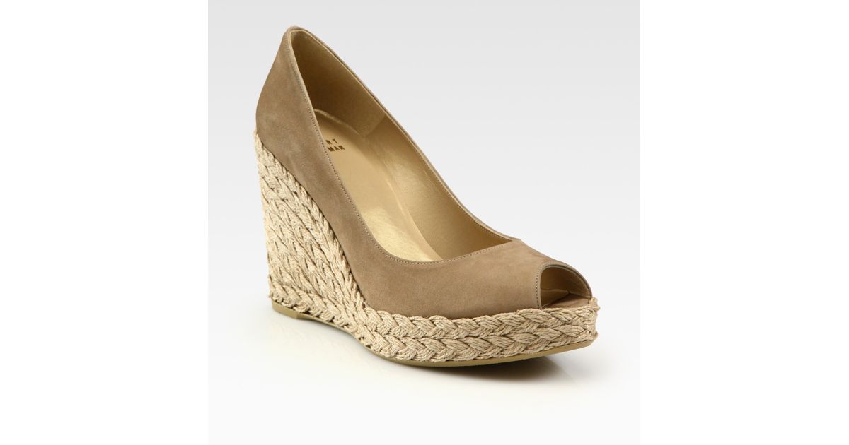 Stuart Weitzman Nubuck Leather Espadrille Peep Toe Wedge Pumps in Tan (Natural) | Lyst
