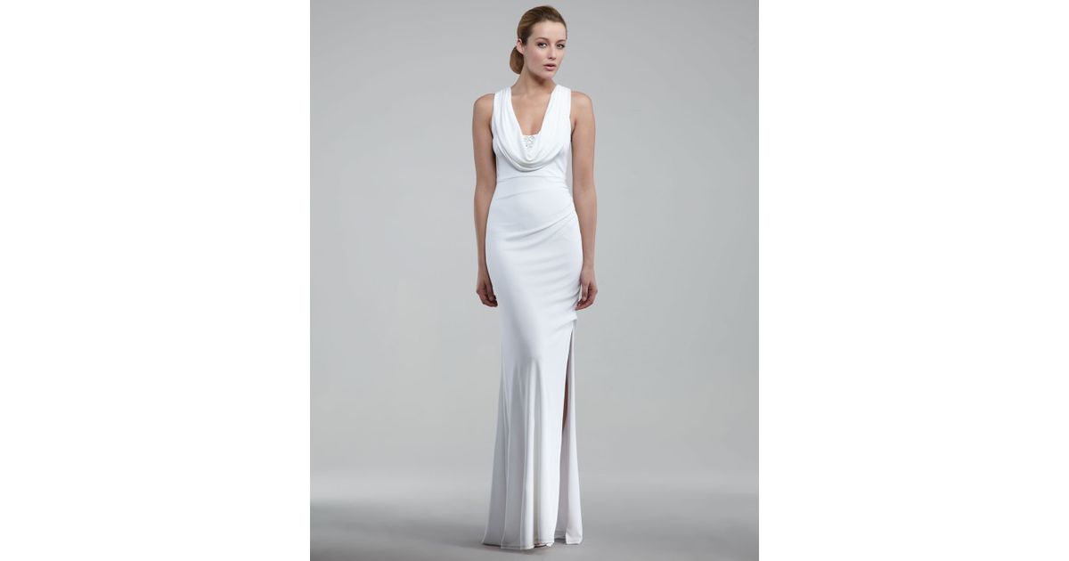 white cowl neck dress