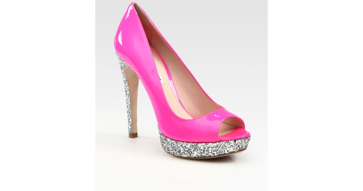 Miu miu Glitter Patent Leather Peep Toe Platform Pumps in Pink | Lyst