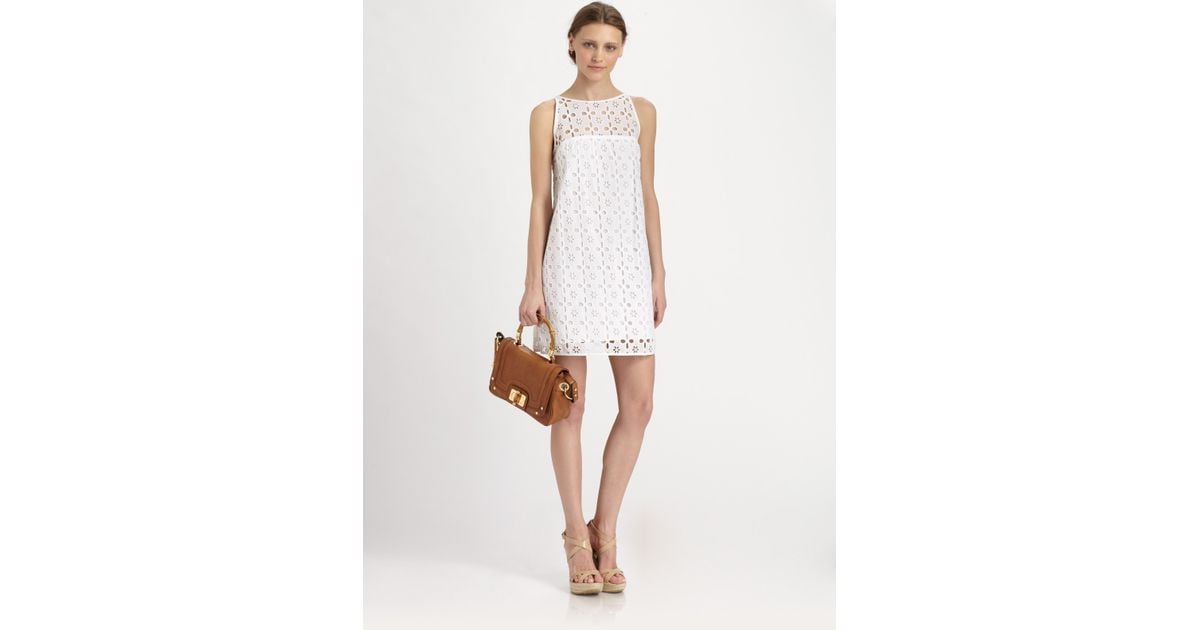 MILLY Eyelet Shift Dress in White | Lyst