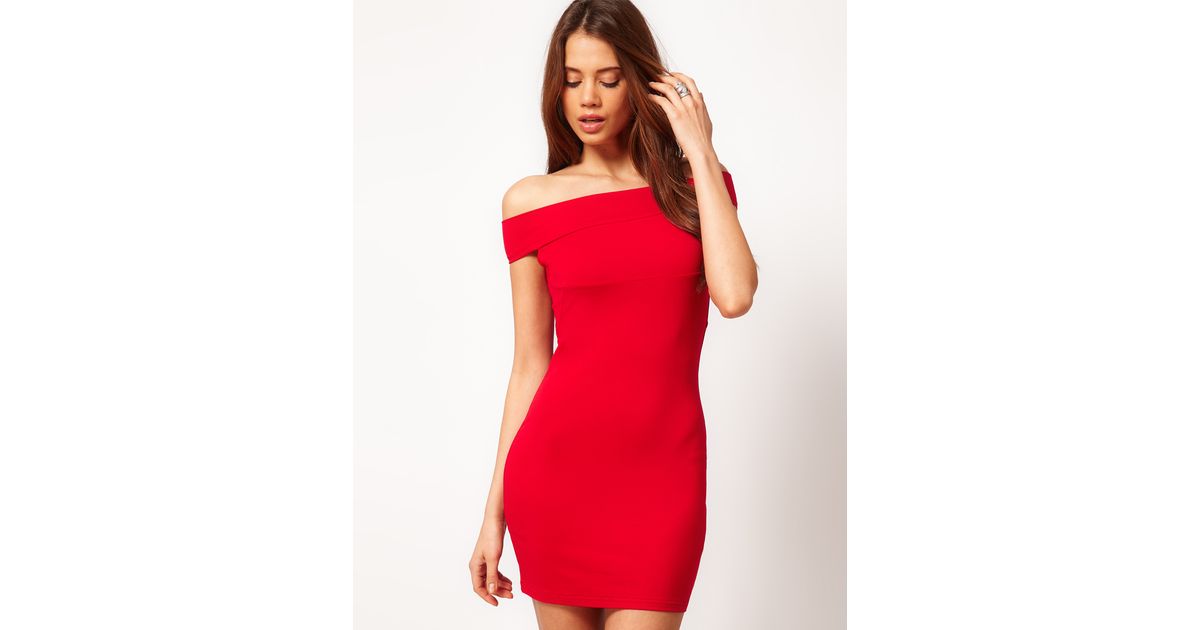 red off the shoulder midi dress