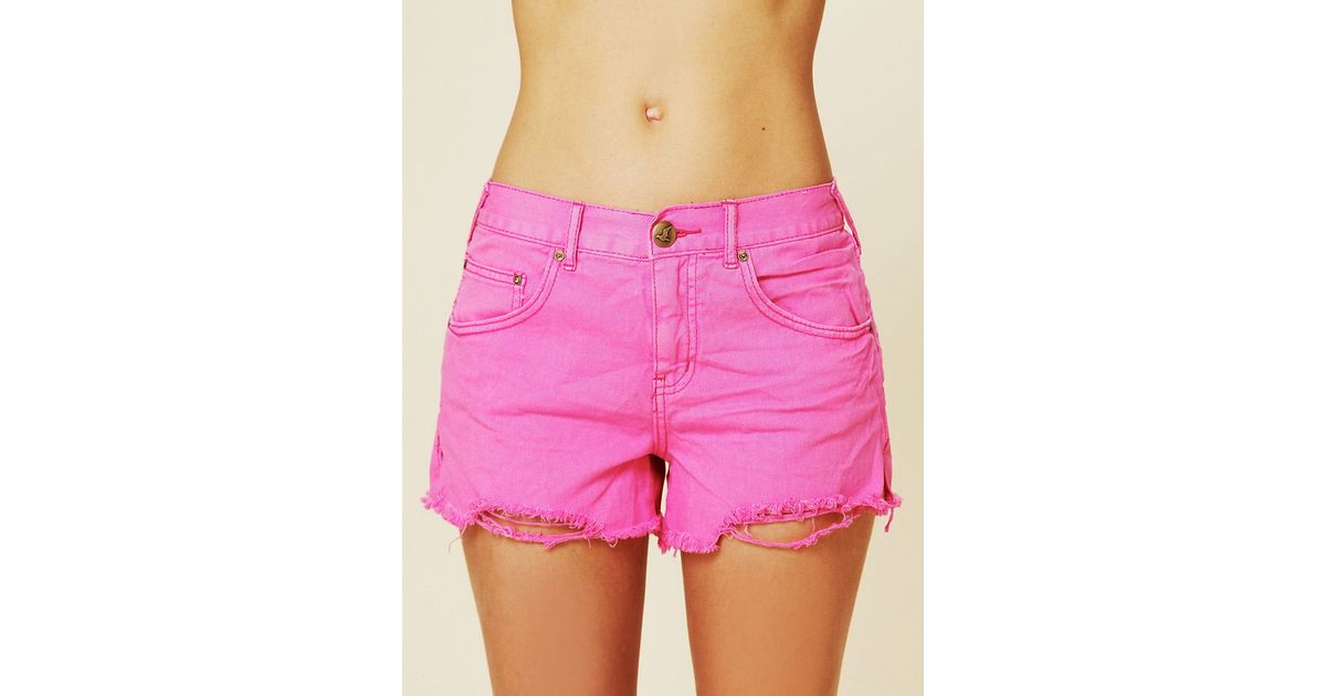 pink cut off denim shorts