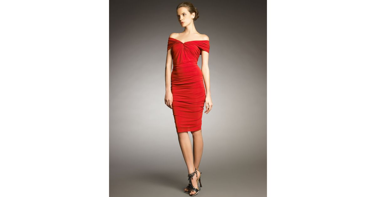 red ruched off the shoulder dress