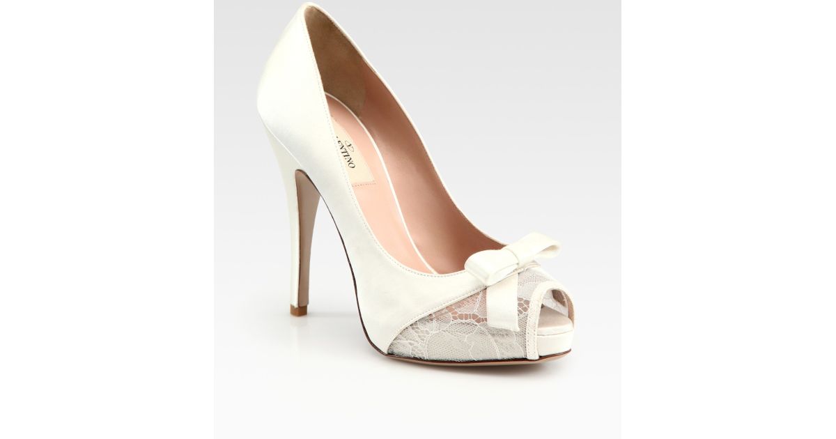 white satin platform pumps