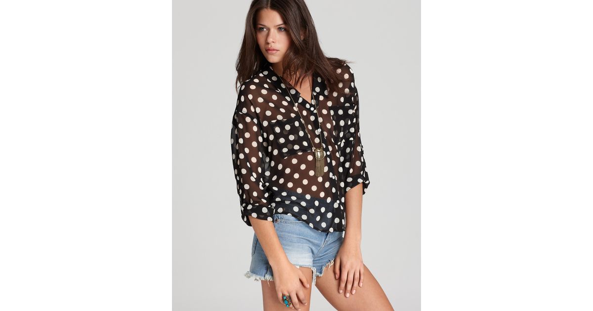 Free People Polkadot Easy Rider Button Down Shirt in Black Combo (Black ...