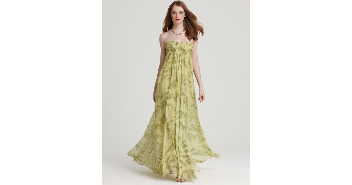 Halston Strapless Gown Crinkle Chiffon Printed in Green - Lyst