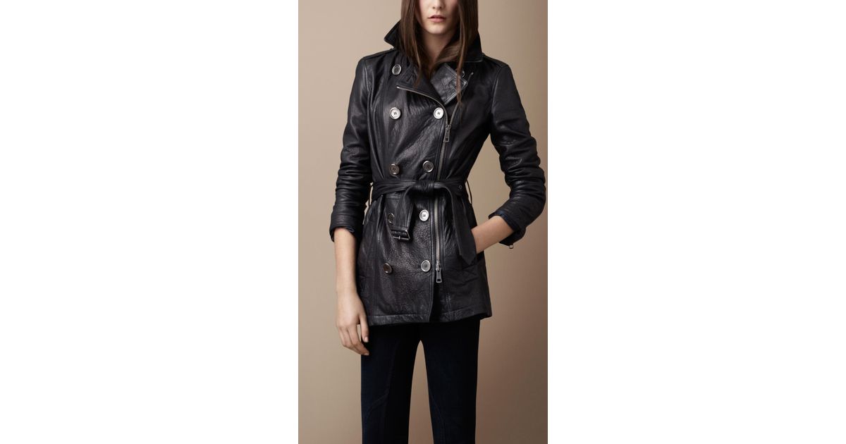 Burberry Brit Short Leather Trench Coat, Black Leather Trench Coat Short
