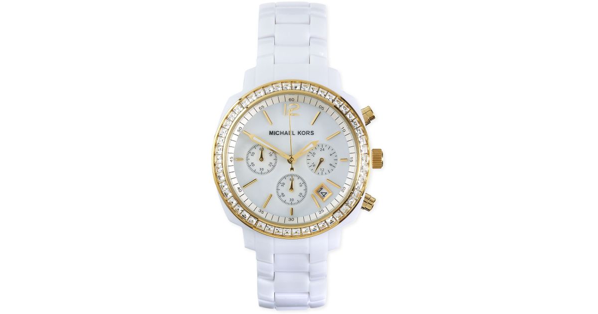 Michael Kors Square Crystal Bezel Watch in White - Lyst
