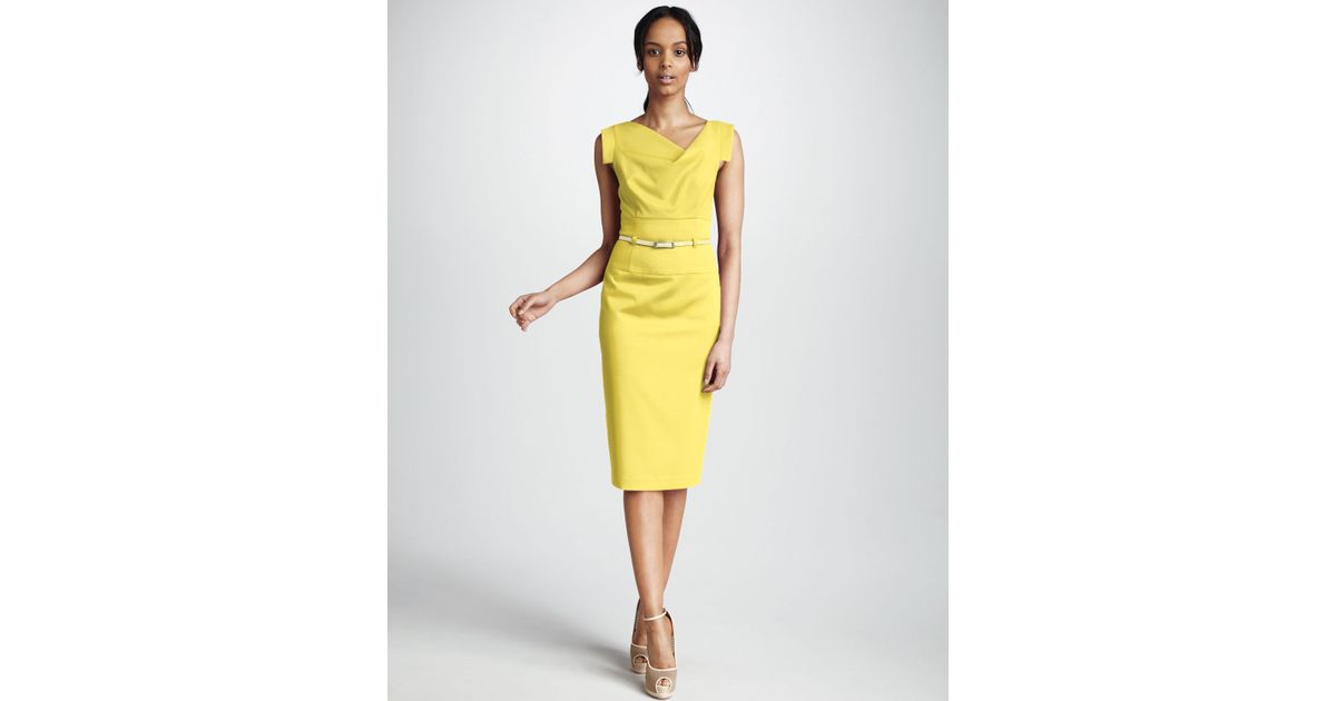 black halo belted sheath dress