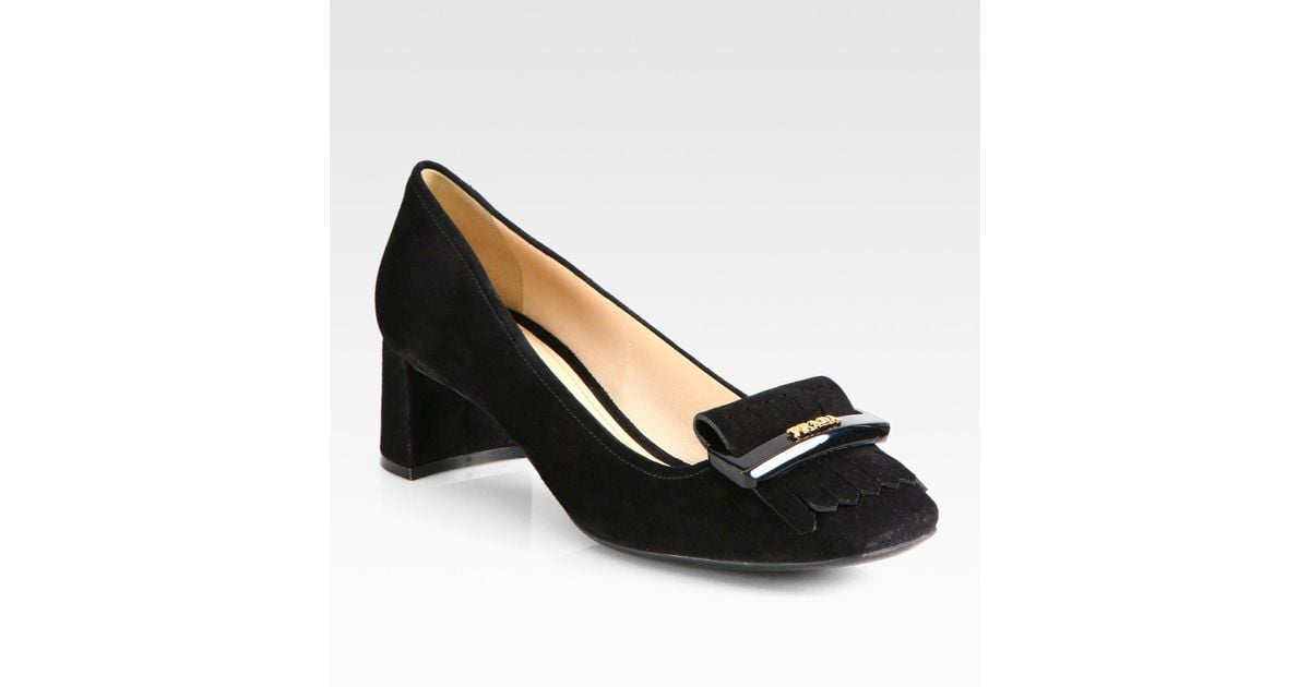 Prada Suede Block Heel Fringe Pumps in Black Lyst