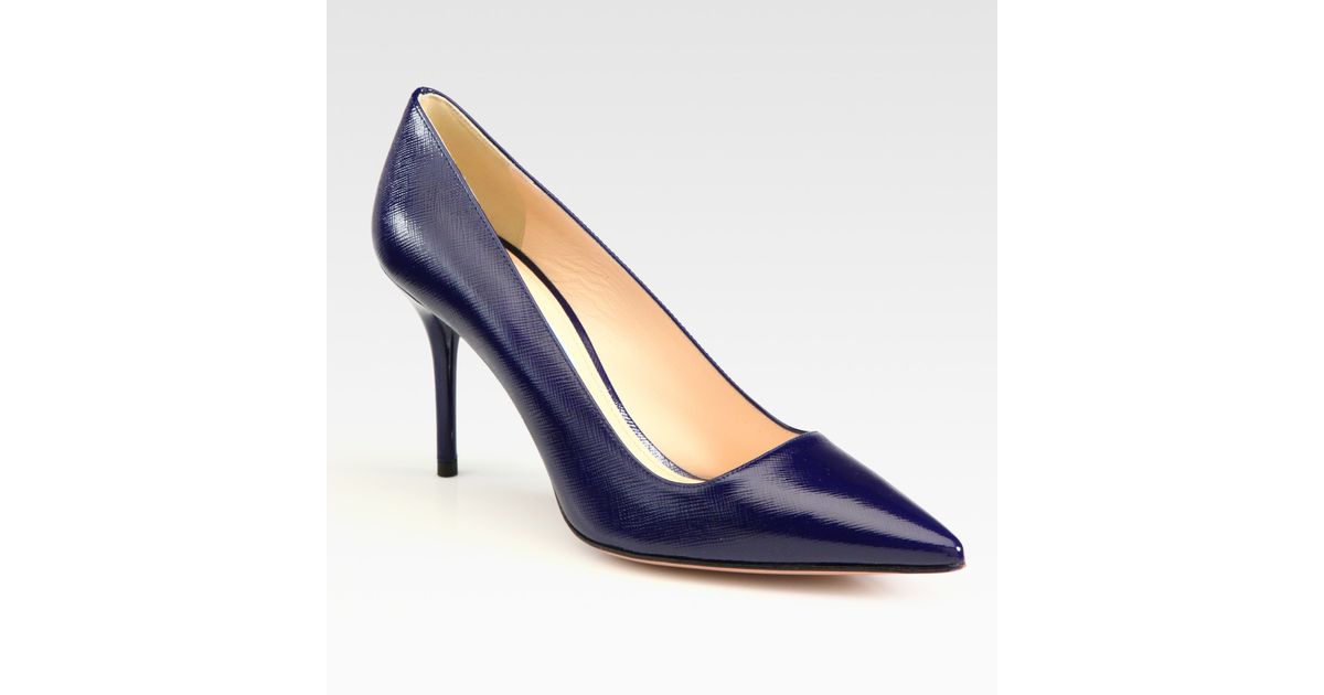 Prada Saffiano Leather Point Toe Pumps in Navy (Blue) | Lyst