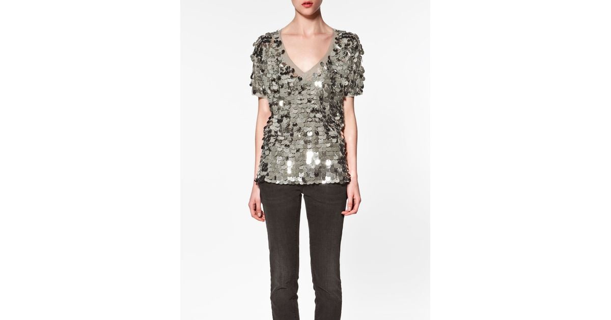 Zara Top with Sequins in Metallic | Lyst