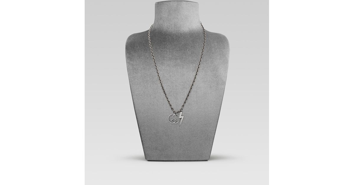 Gucci Necklace With Lightening Strike And Interlocking G Motif Pendants In Silver Black For Men Lyst - Gucci Interlocking G Pendant Necklace