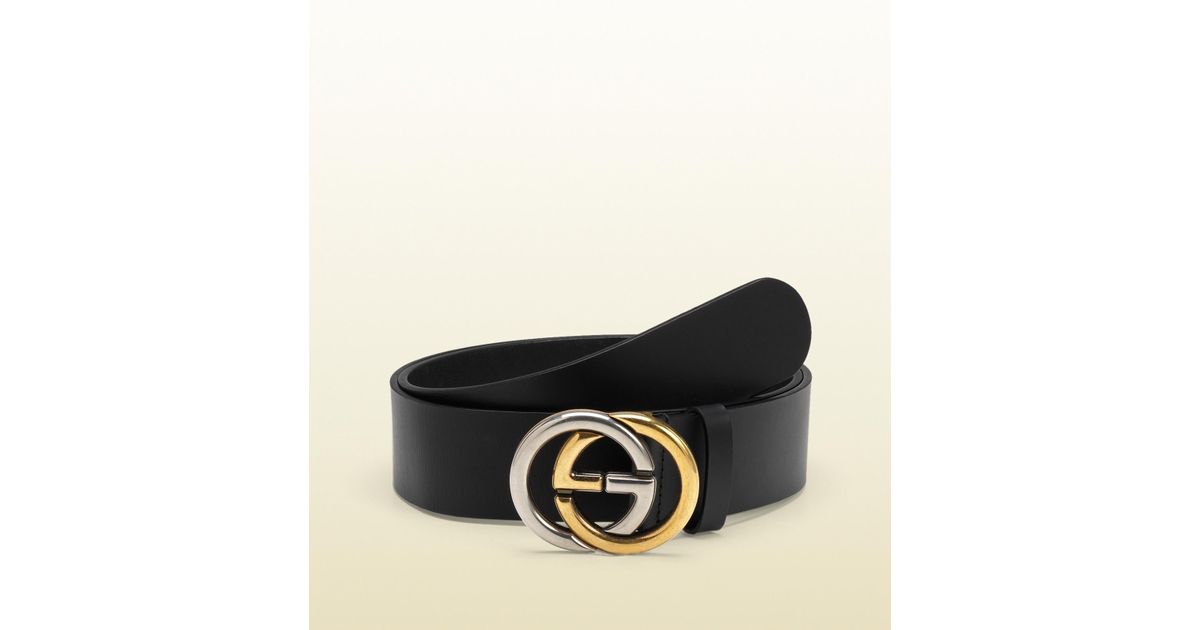 Gucci Leather Belt With Bi-color Interlocking G Buckle in Black | Lyst