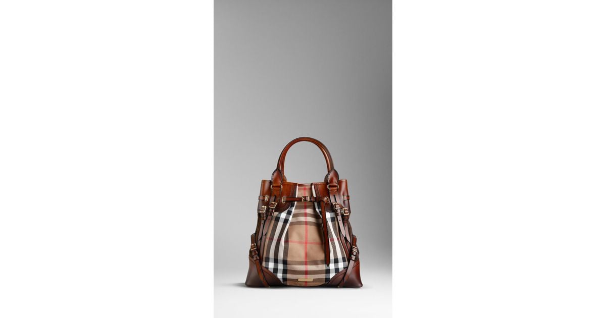 Burberry Large Bridle House Check Whipstitch Tote Bag in Brown