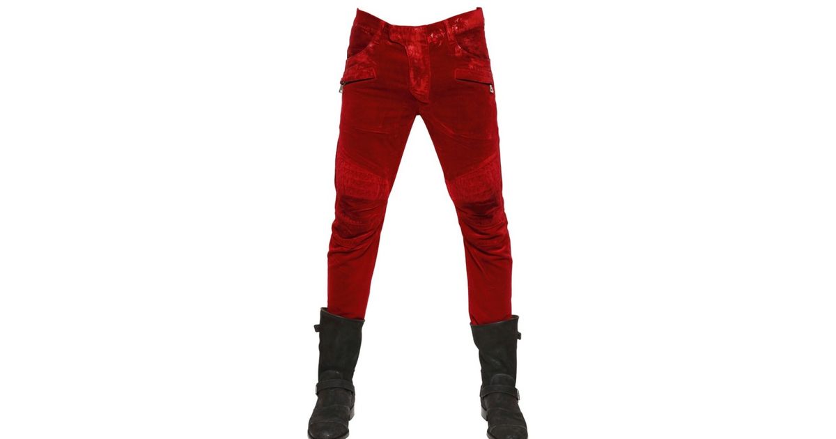 Balmain Waxed Velvet Quilted Biker Jeans in Red for Men Lyst