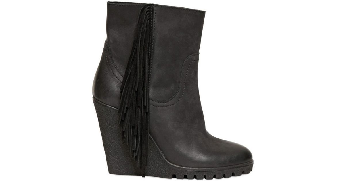 Strategia 100mm Calf Fringe Boot Wedges in Black Lyst
