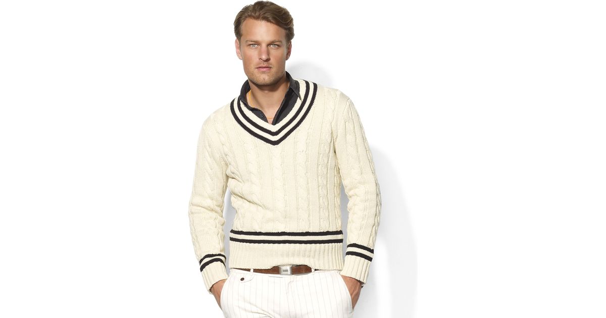Polo Ralph Lauren Longsleeved Cabled Cotton Vneck Cricket Sweater in  Natural for Men - Lyst